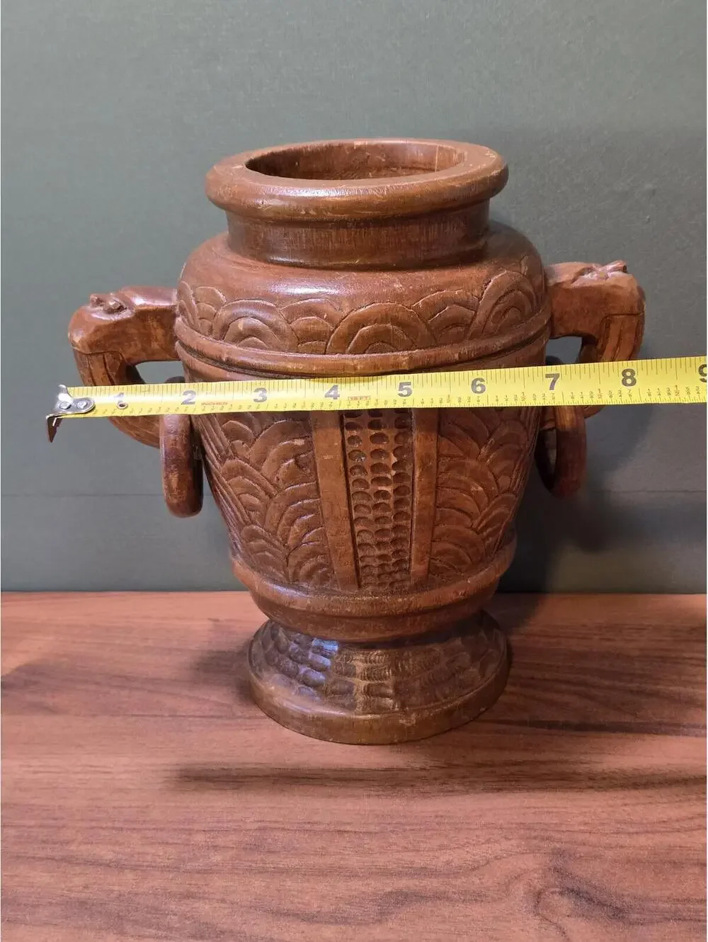 Vintage Hand Carved Wood Amphora Vase with Rings
